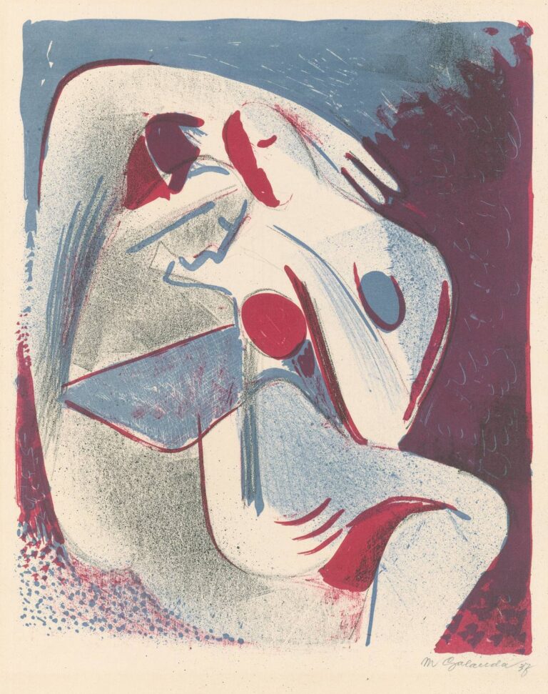 Abstract pastel painting of two figures entwined in an embrace, rendered with sweeping magenta and slate blue strokes against a textured background.
