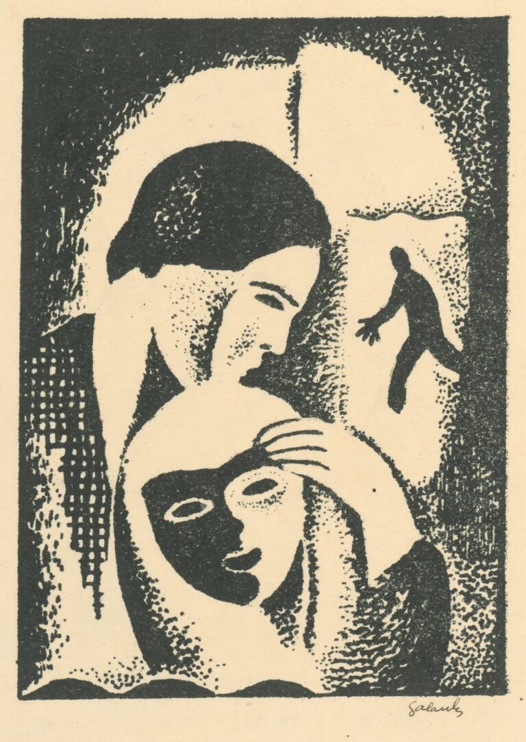 Black ink drawing showing two figures in close embrace, one lifting a cloth to reveal the other’s face while a distant silhouette walks by, all rendered with stippled shading and bold lines.