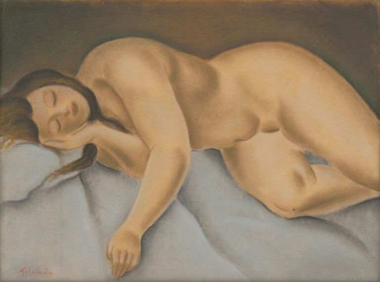Pastel drawing of a nude woman sleeping on her side atop pale blue bedding, her back gently curved, head resting on folded hands, rendered in soft warm tones against a muted background.