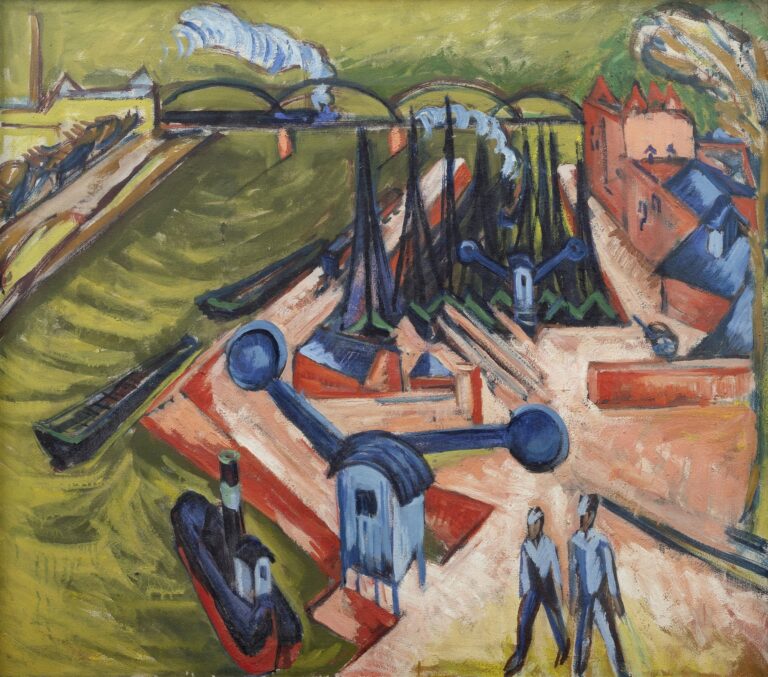 An Expressionist view of Frankfurt’s western harbor: greenish river water flows past red brick quays crowded with tall blue cranes, black-smoke barges glide forward, and two tiny figures walk the dock—all rendered in jagged brushstrokes and pulsating colors.