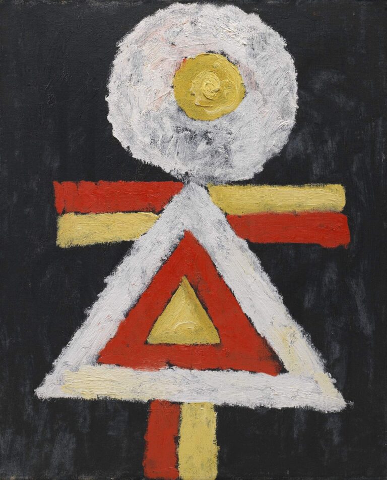 Marsden Hartley’s Geometric Figure, oil on canvas: stacked white circle and triangle, red and yellow bars and triangles, set against a black field, forming a stylized human‑like totem.