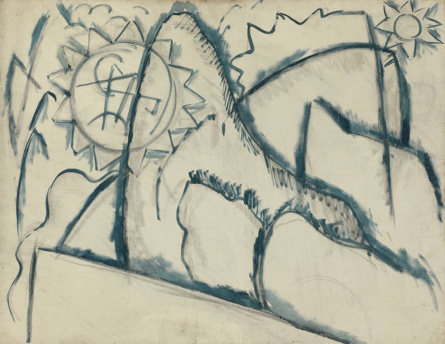 Marsden Hartley’s Painting No. 8 (1913), a monochrome blue linear abstraction on raw canvas featuring jagged sunburst circles, sweeping diagonals, scalloped ridge shapes, and curving lines that suggest a mountainous landscape and symbolic emblems without filled color.