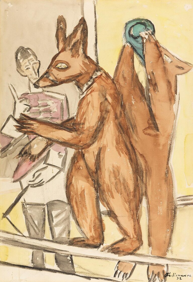 An oil painting by Max Beckmann titled “Trained Bears” (1932) showing two upright brown bears performing on a narrow platform before a pale gray and yellow background, with a ghostlike trainer clutching a book behind them.