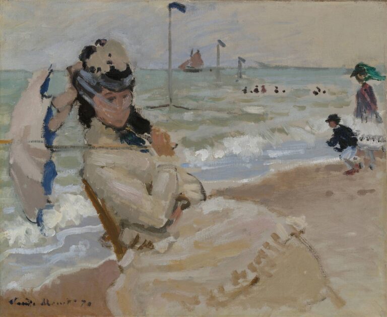 Monet’s loose brushstrokes show a woman in white under a parasol seated on sunlit sand with children playing at the water edge and sailboats on the horizon.