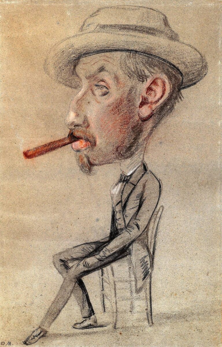 Black and red chalk caricature by young Monet showing a seated gentleman with an oversized head, a protruding cigar, and a long, slender body perched on a simple chair.