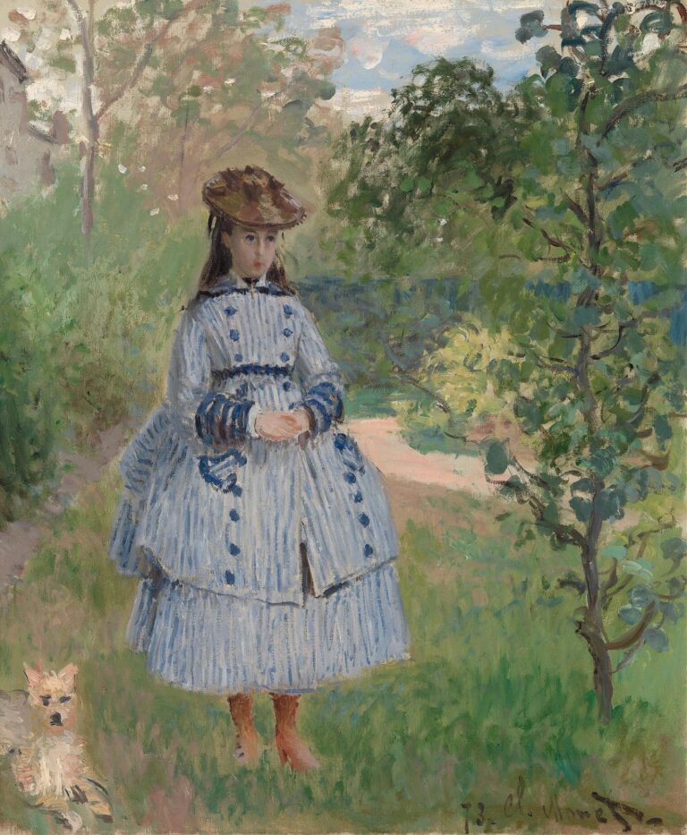 A young girl in a blue-and-white striped dress and straw hat stands in a sunlit garden beside a small white dog; trees and foliage form a soft, green backdrop rendered in loose, vibrant brushstrokes.