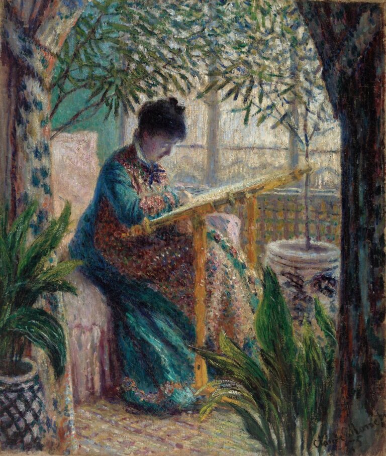 Claude Monet’s Madame Monet Embroidering (1875): Camille Monet seated at a slanted embroidery frame by a sunlit window, surrounded by potted plants and rendered in delicate, Impressionist brushstrokes.