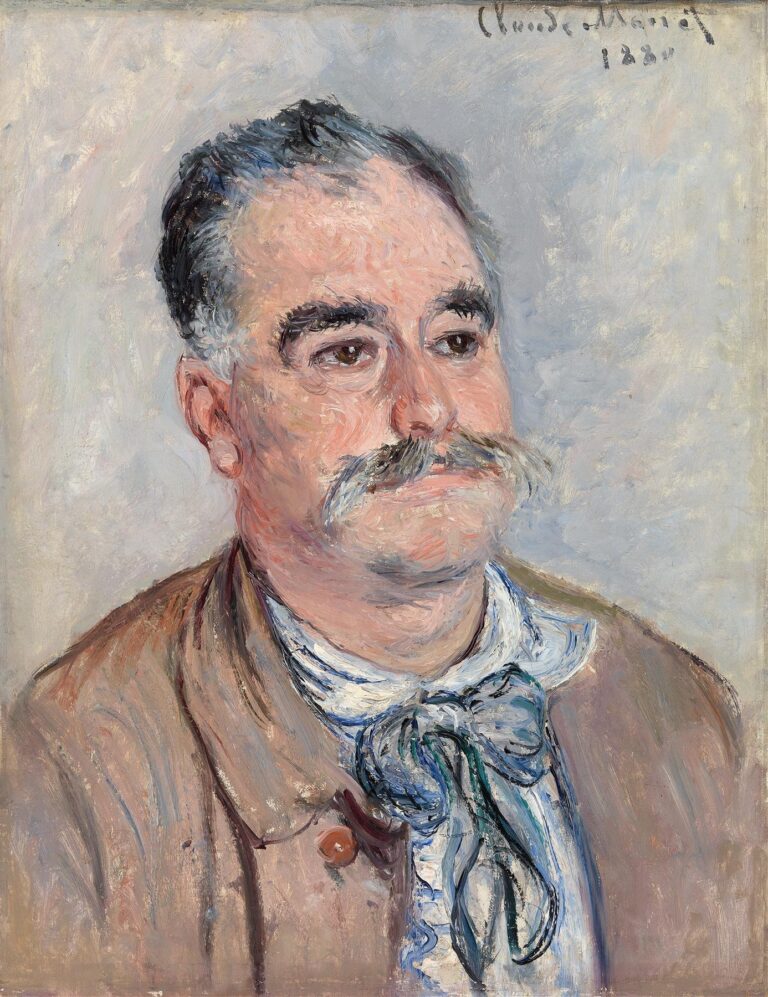 A gentleman in a muted brown jacket and white shirt, framed close-up against a pale gray background, with a loosely tied blue neckerchief around his neck; his graying hair and mustache are rendered in textured, short brushstrokes that capture both form and the play of soft light across his face.