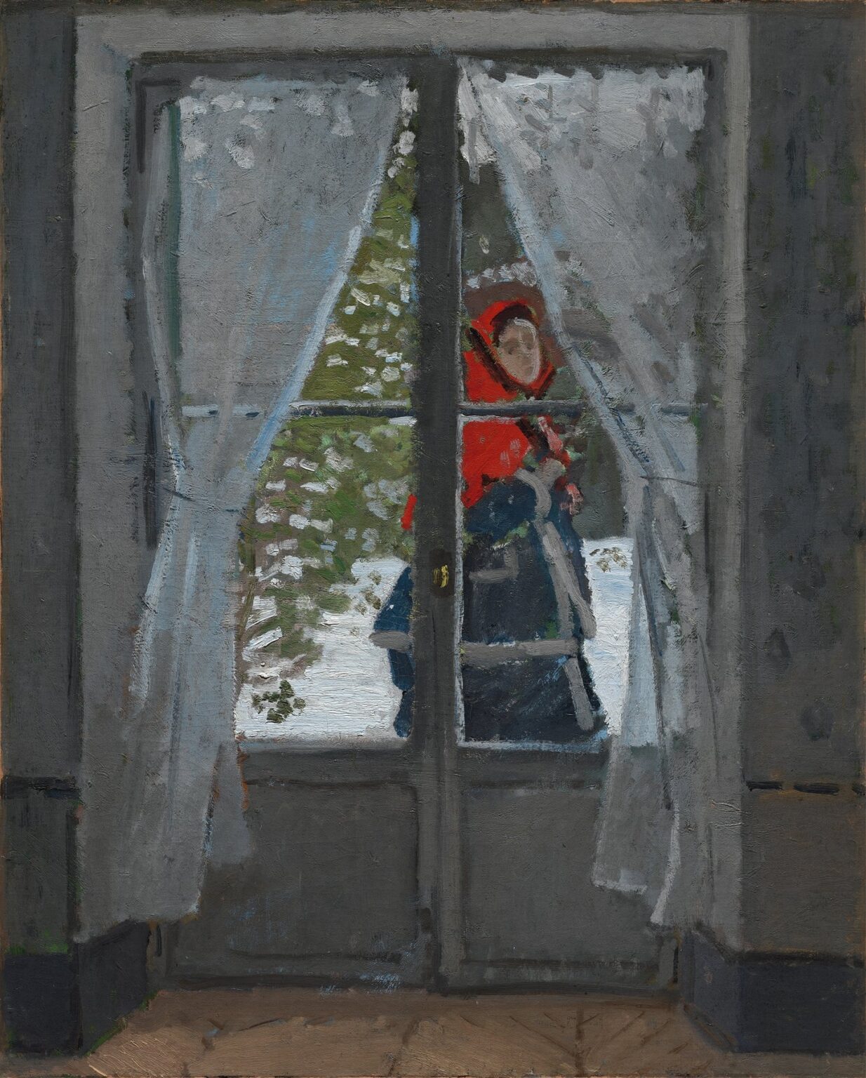 View through half-open glass-paneled doors at a woman standing on a porch, dressed in a dark coat and a bright red kerchief tied beneath her chin, framed by gently billowing white curtains; beyond her, muted green foliage and hints of autumn light peek through in loose, Impressionist brushstrokes.