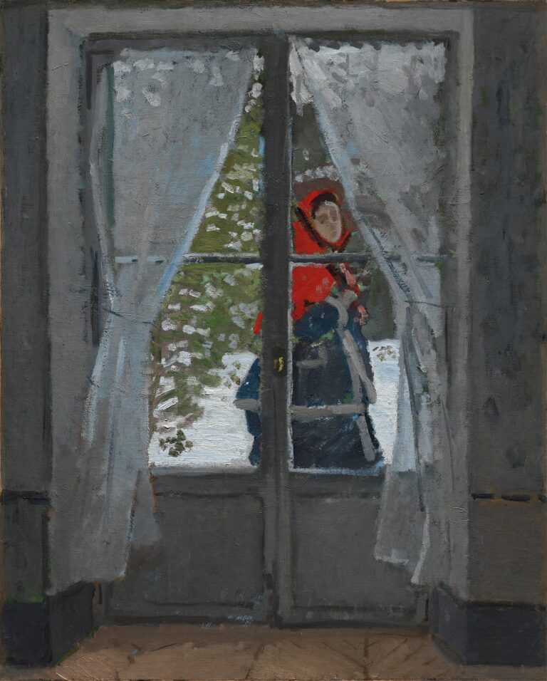 View through half-open glass-paneled doors at a woman standing on a porch, dressed in a dark coat and a bright red kerchief tied beneath her chin, framed by gently billowing white curtains; beyond her, muted green foliage and hints of autumn light peek through in loose, Impressionist brushstrokes.