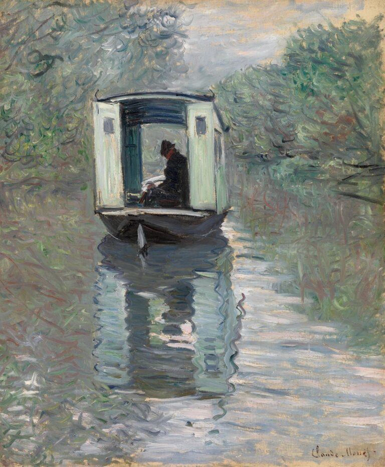 A small greenish cabin-boat floats on a calm river beneath overhanging willow branches; inside, a solitary painter sits at an easel, while the boat’s pale panels and dark hull ripple in fragmented reflections across the water.