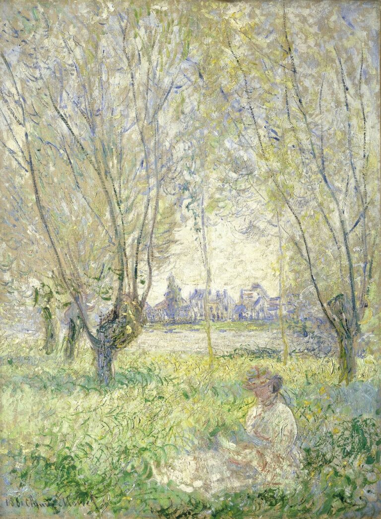 A woman in a white dress and straw hat sits reading or resting in a sun-dappled meadow beneath tall, slender willow trunks with pale green and lavender foliage filtering light around her.