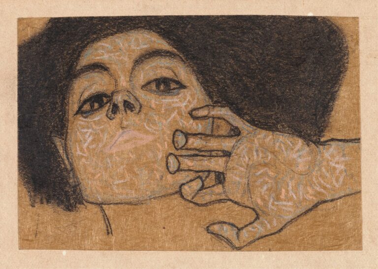 Close‐up pastel portrait of a woman’s face and hand on brown paper, defined by sharp black contours and subtle pink and blue highlights, with her hand framing her jaw and her gaze directly meeting the viewer.