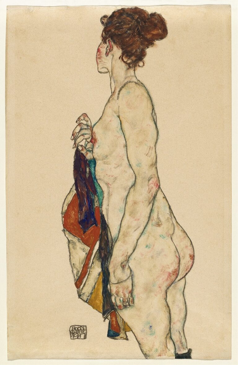 A nude woman seen from behind and in profile grips a vibrantly colored robe draped down her side; her long neck, sculpted back, and angular hand are defined by bold black contours and shaded with pale pink and blue highlights against a blank background.