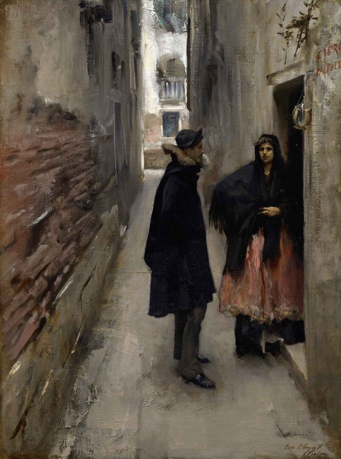 A narrow sunlit Venetian alley with tall, weathered brick and plaster walls, where a man in a dark coat and cap faces a woman draped in a black shawl and red skirt near a doorway.