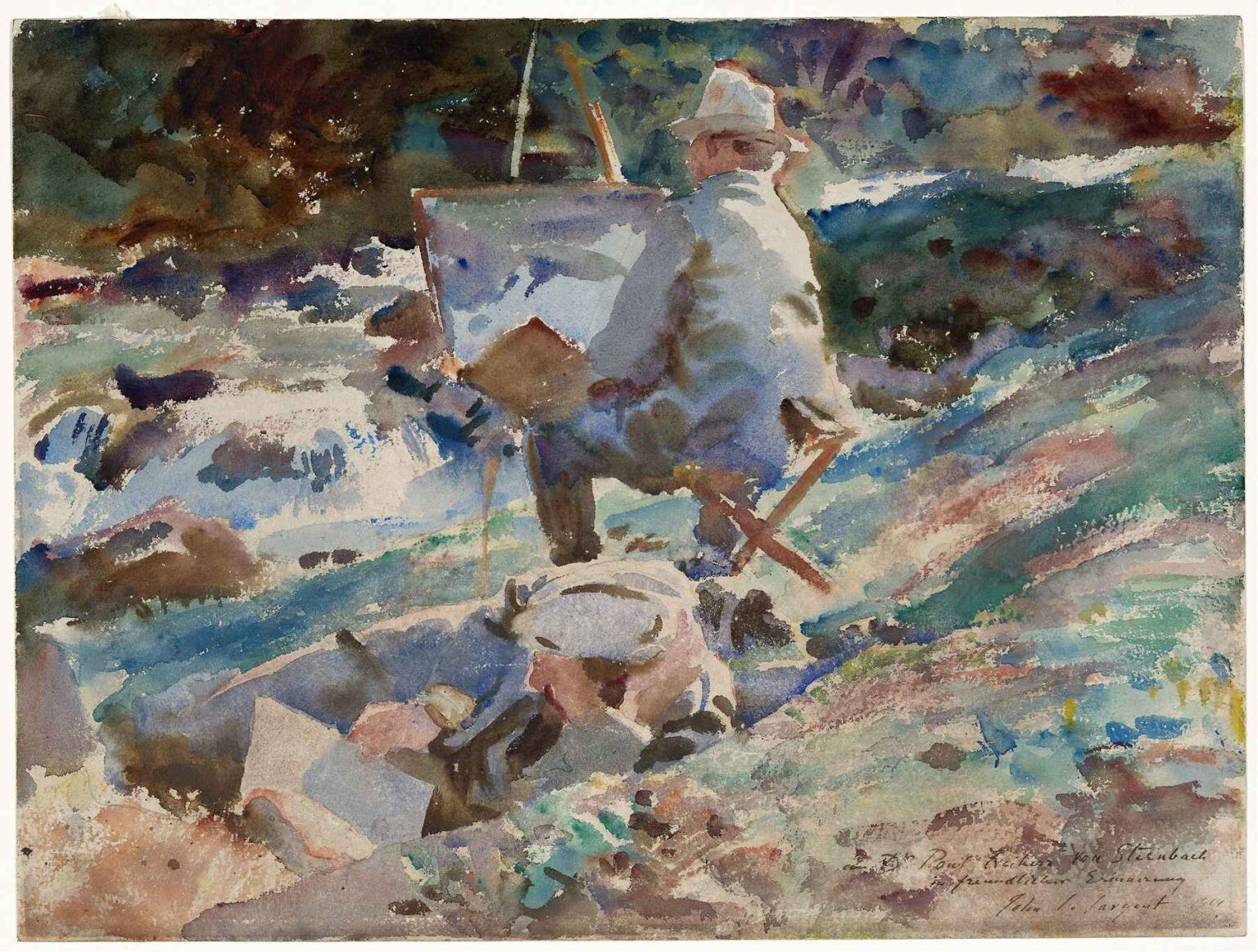 An early 20th-century watercolor showing an artist seated on a folding stool before an easel by a rushing stream, surrounded by lush, abstracted foliage.