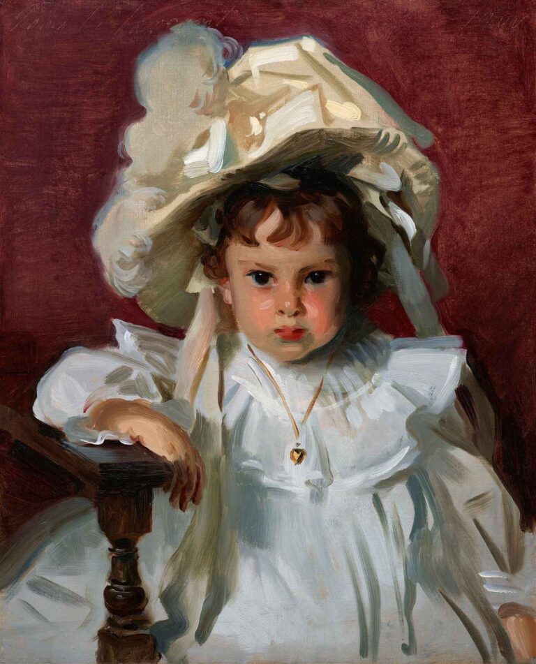 Portrait of a young girl named Dorothy by John Singer Sargent, seated with one arm on a wooden table, wearing a white dress and bonnet against a rich burgundy backdrop.