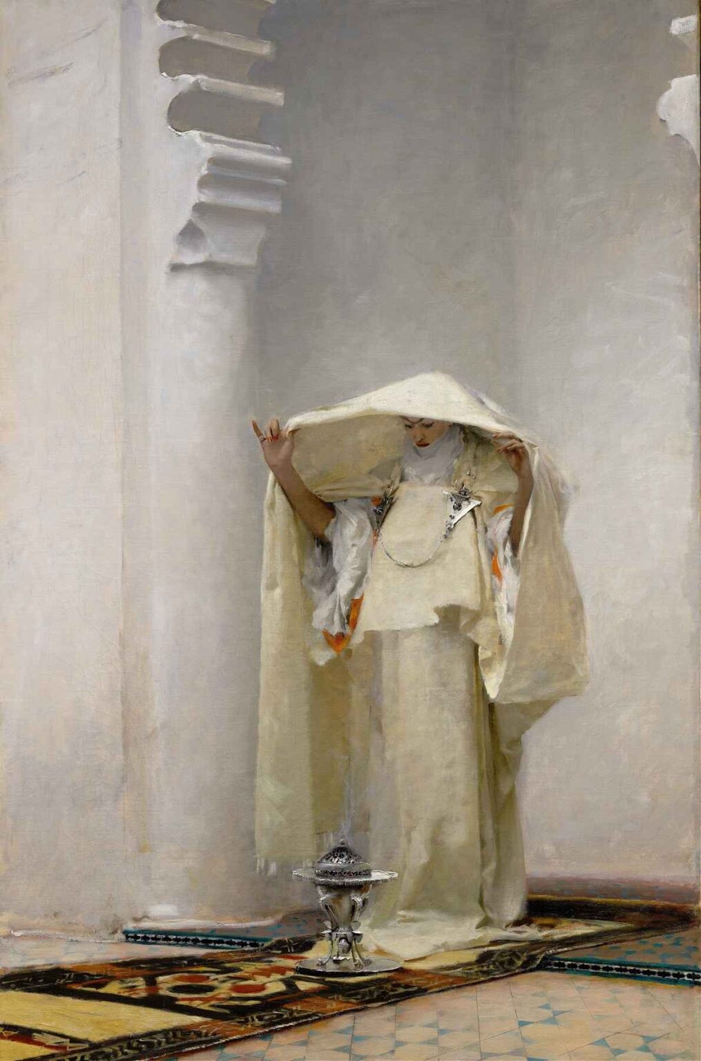 A veiled figure in flowing pale robes raises a light drapery over her head as fragrant smoke swirls from a silver incense burner on a patterned carpet before a luminous architectural niche.