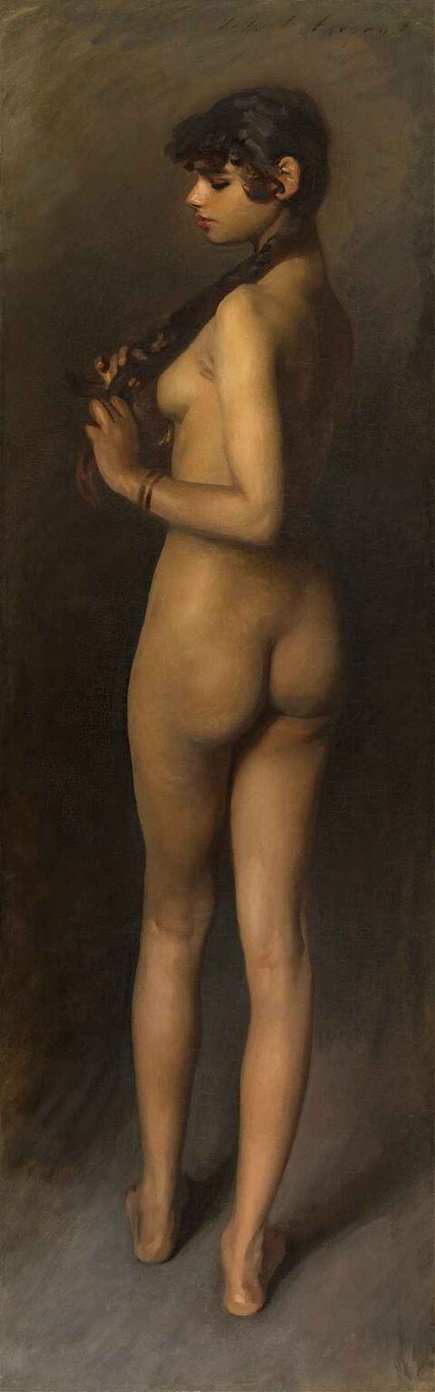 A Complete Analysis of “Study of an Egyptian Girl” by John Singer Sargent – A standing nude young woman seen from behind, braiding her long dark hair against a warm neutral background.