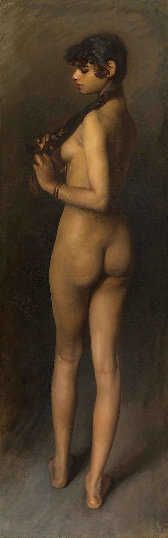 A Complete Analysis of “Study of an Egyptian Girl” by John Singer Sargent – A standing nude young woman seen from behind, braiding her long dark hair against a warm neutral background.