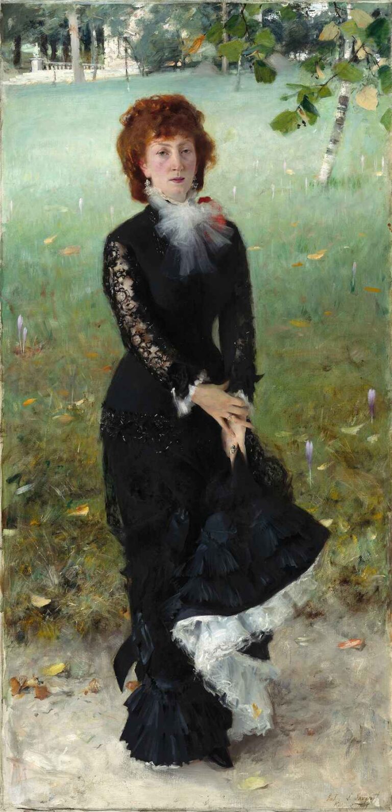 portrait of a young auburn-haired woman in a dark satin gown with lace sleeves, seated in an ornate chair against a softly painted, muted gray-lavender background.
