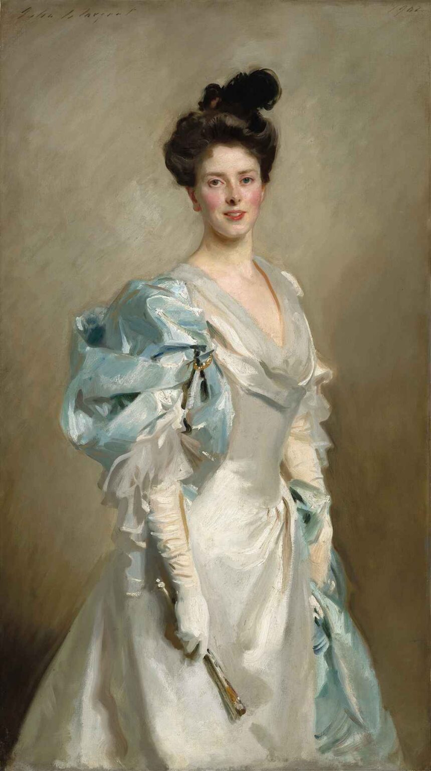 portrait of Mary Crowninshield Endicott Chamberlain in an ivory evening gown and turquoise satin shawl, wearing long gloves and holding a folding fan, set against a neutral gray-taupe background.