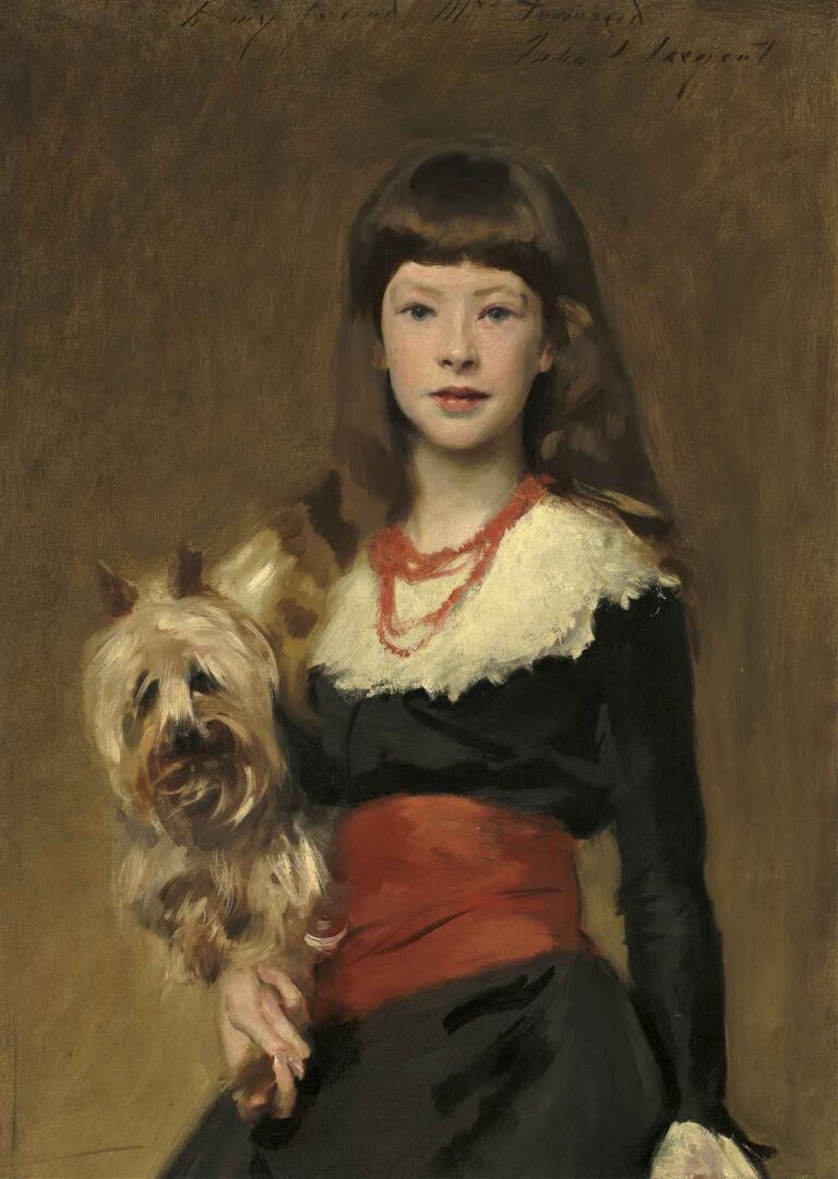 portrait of a young girl with chestnut hair in a high-collared black satin dress trimmed in white lace, holding a small Yorkshire Terrier against a mottled brown background.