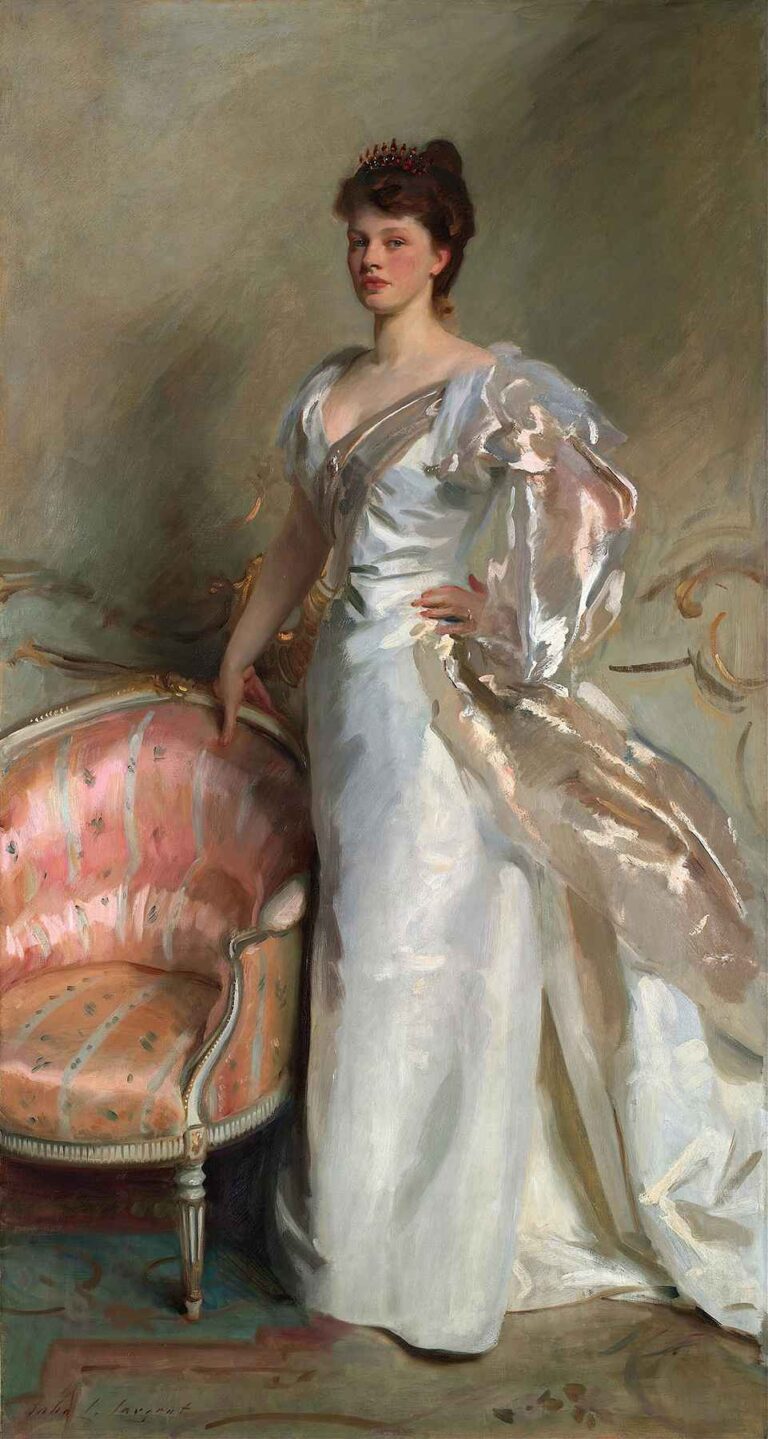 A Complete Analysis of “Mrs. George Swinton” by John Singer Sargent – A full-length portrait of a woman in a white gown with one hand on a pink armchair, exuding elegance and authority.