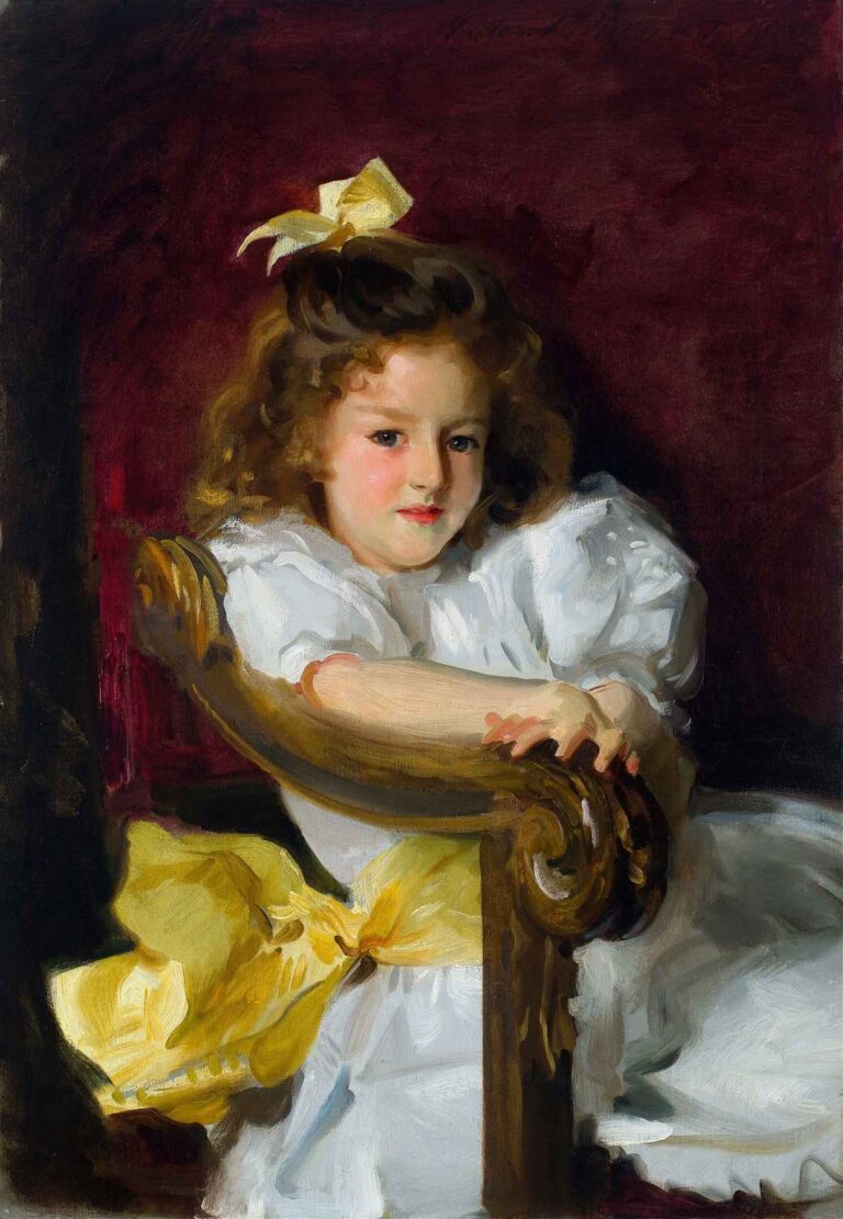 portrait of Charlotte Cram seated in an ornate armchair, wearing a white satin gown with tulle trim and holding a small bouquet of white flowers, set against a deep burgundy background.