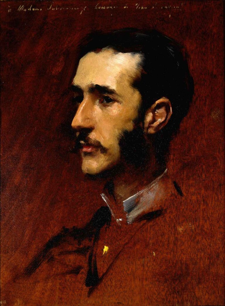 Profile portrait of Ramón Subercaseaux in a red-brown jacket against a warm brown background, showing his dark hair, mustache, and contemplative gaze.