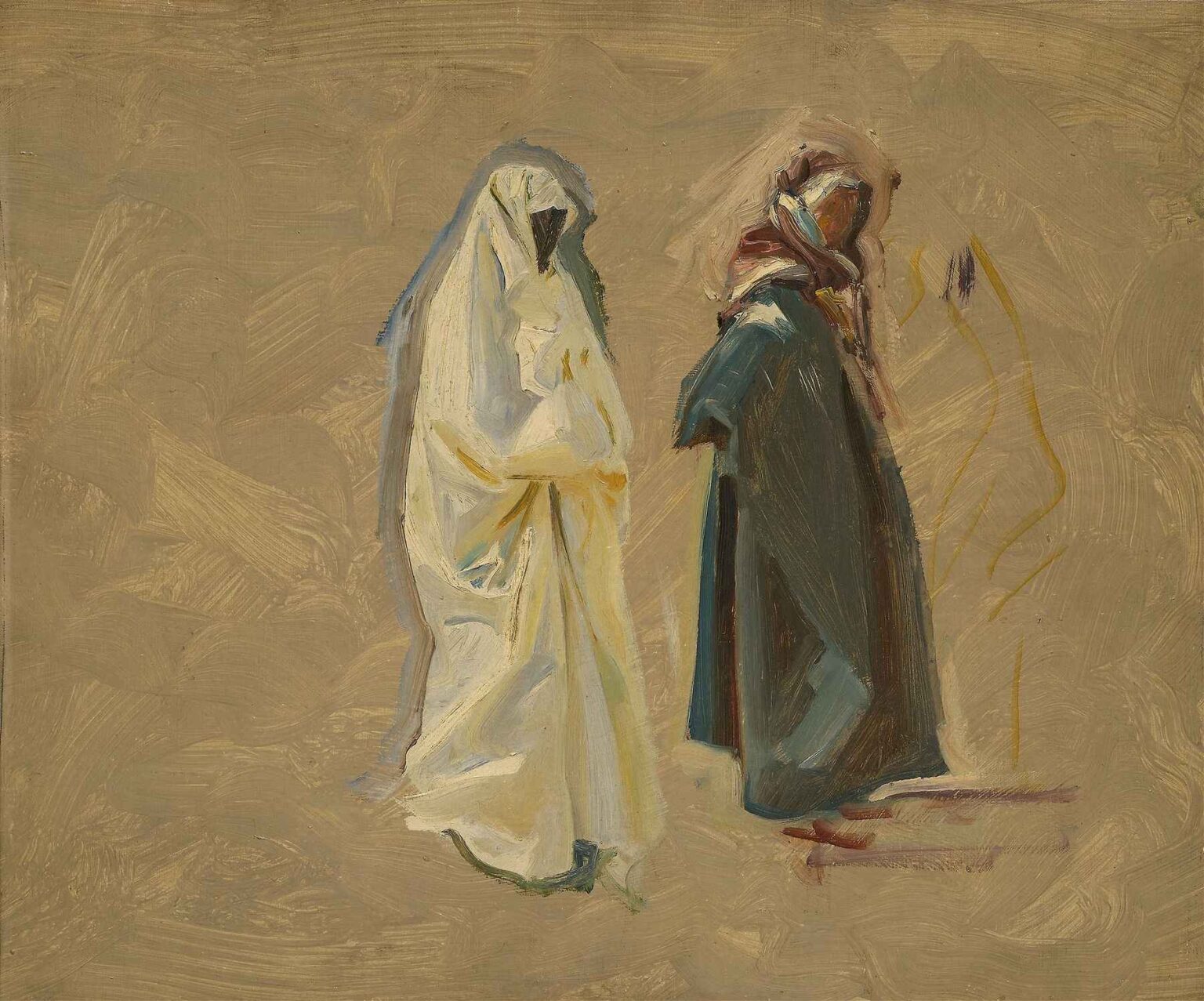 Oil sketch of two standing Bedouin men draped in flowing robes—one in white, the other in darker fabrics—on a warm sand-toned background, rendered with loose, energetic brushstrokes.