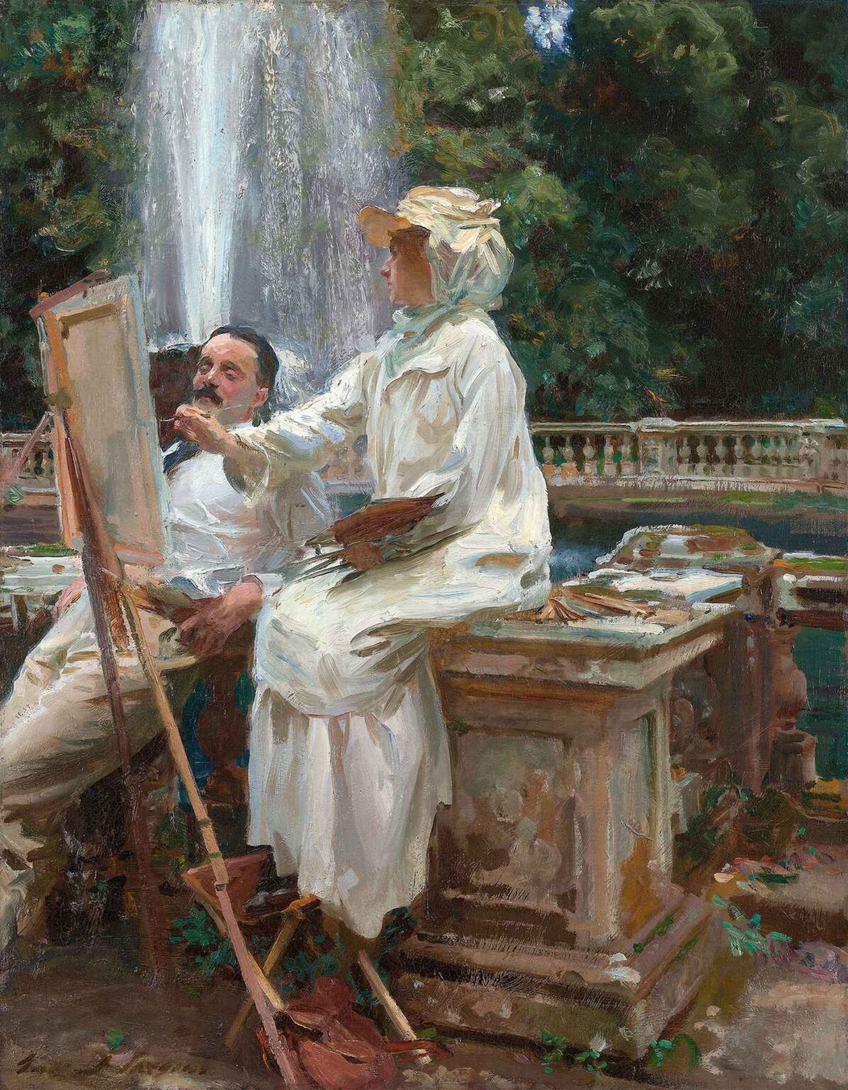 Two painters in white smocks sketch on canvas beside a soaring garden fountain at Villa Torlonia in Frascati, Italy, with lush green foliage and a carved marble balustrade in the background, painted with loose, energetic brushstrokes.