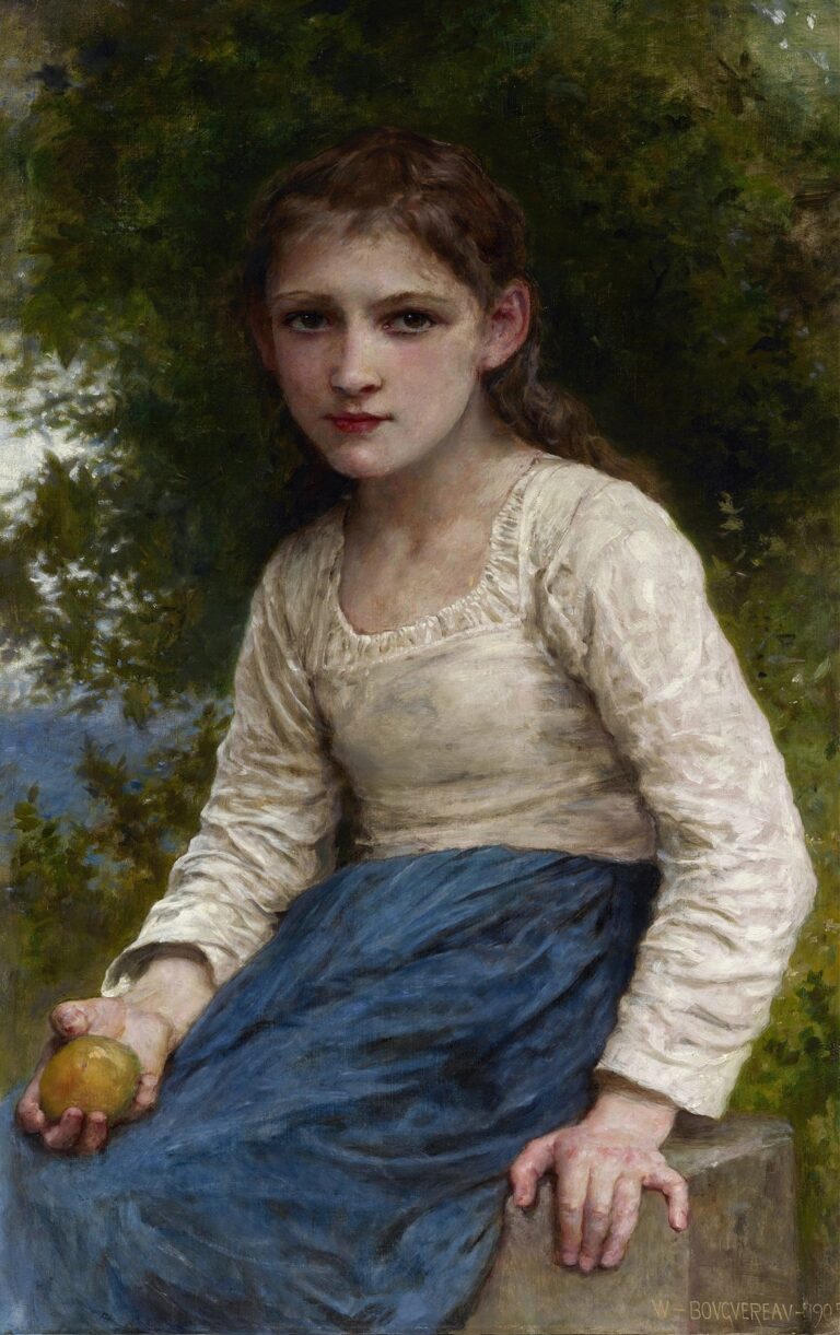 A young girl sits on a simple wooden bench against a backdrop of dense green foliage. She wears a cream-colored, long-sleeved blouse and a deep blue skirt. In her right hand she holds a ripe greenish-yellow apple, and her steady gaze meets the viewer’s directly.