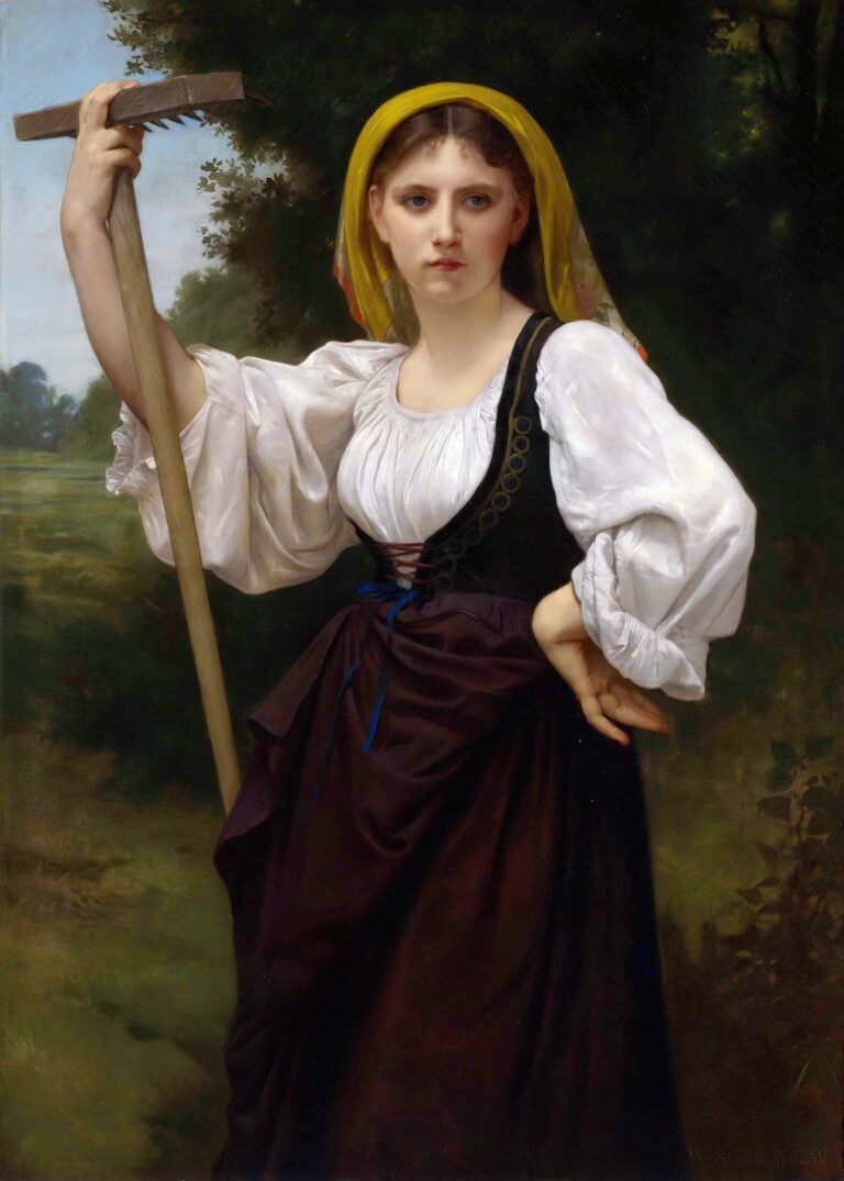 A young peasant woman stands in a sunlit meadow at the edge of a dark grove, her white blouse and dark skirt framing a yellow headscarf. She grips a wooden tedder rake upright, her gaze turned thoughtfully to the side.