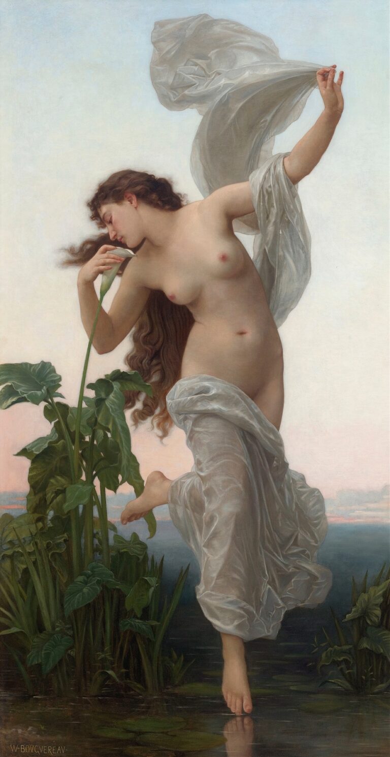 A luminous nude figure steps onto calm water at sunrise, lifting a translucent white veil above her head as she bends to inhale a white calla lily, surrounded by lush green marsh plants and a pale dawn sky.