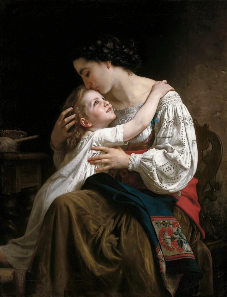 A tender scene in a softly lit interior: a woman dressed in a lace-trimmed blouse bends to kiss the forehead of a young child who gazes upward, arms wrapped around her neck as they share an intimate morning greeting.
