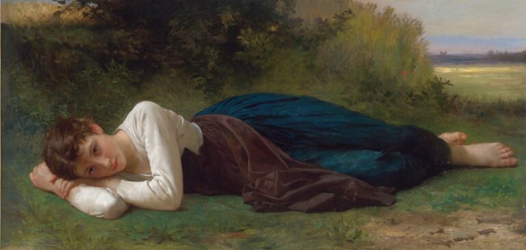 A young peasant girl in a cream blouse and dark pinafore reclines on the grass, her head resting on folded arms. She lies against a backdrop of leafy shrubs and distant fields, her closed eyes and relaxed posture conveying a quiet moment of repose.