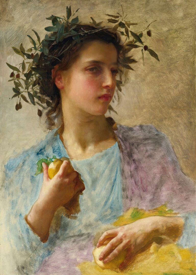 A poised young woman crowned with green leaves and holding two pale yellow fruits, her head turned slightly to the right as she stands against a softly lit, neutral background—her white garment and reflective gaze evoking the season’s warmth and ripeness.