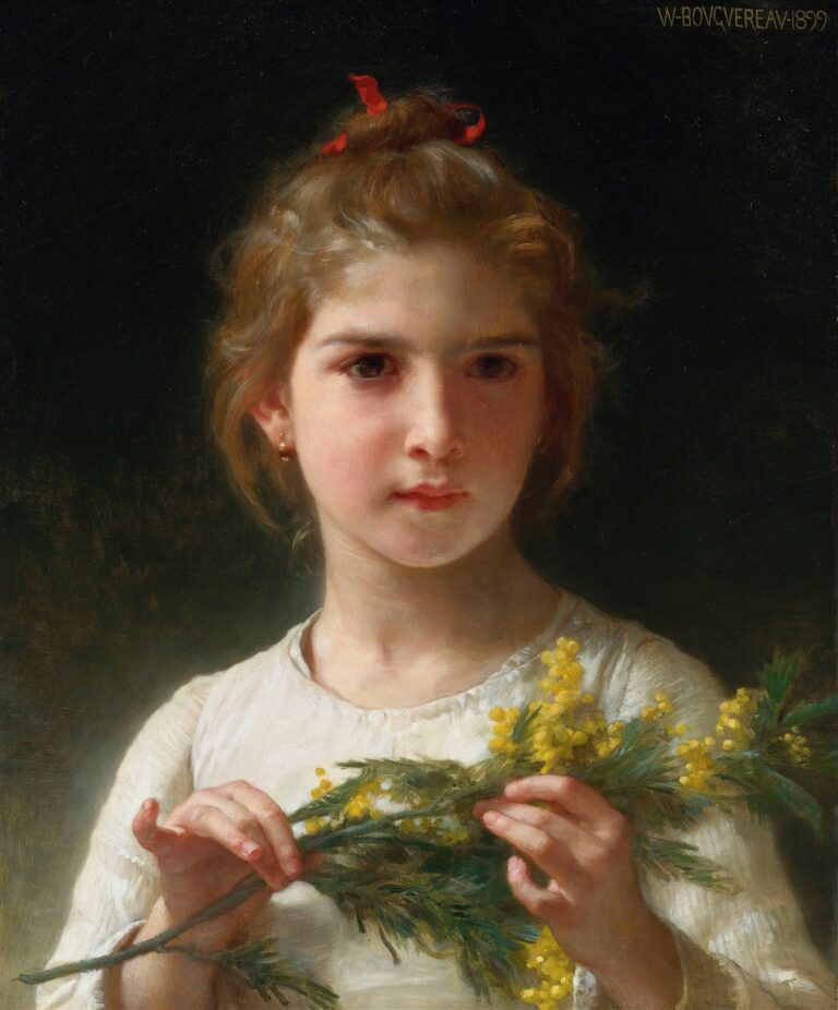 Portrait of a young girl with light brown hair tied by a red ribbon, holding a branch of yellow mimosa blossoms against a dark background; she wears a simple white blouse and gazes thoughtfully just past the viewer.