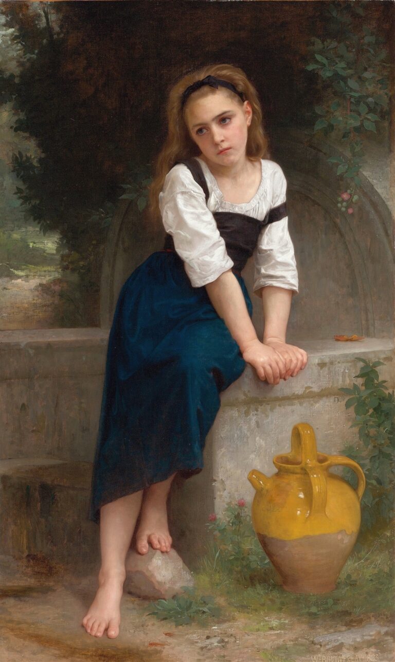 A young barefoot girl in a white blouse and blue skirt sits on the edge of a stone fountain niche holding its rim, her large eyes and pensive expression gazing into the distance beside a bright yellow water jug.