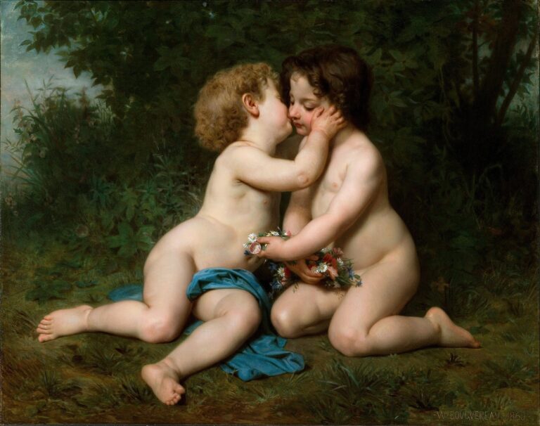 Two nude toddlers kneel in a leafy grove on soft grass; the curly-haired child leans forward to kiss the dark-haired child’s cheek as they hold a small bouquet of wildflowers, a blue cloth draped beneath them.
