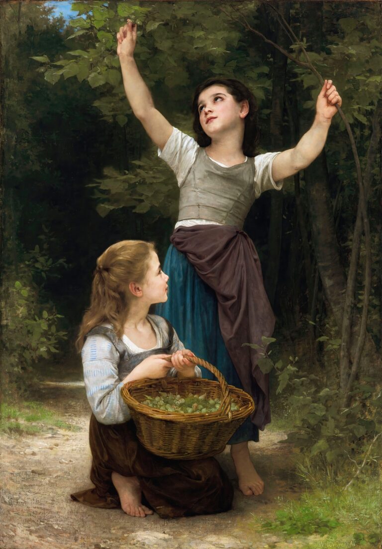 Two barefoot sisters in peasant dress gather hazelnuts in a sun-dappled forest: one kneels holding a wicker basket full of nuts, the other stands reaching into leafy branches to pick more.