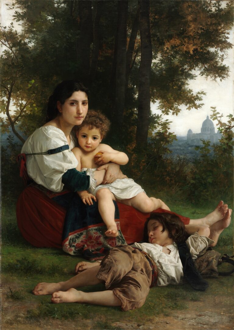 A mother in peasant dress sits under trees holding her toddler who grips a yellow fruit, while an older child sleeps at her feet, framed by dappled leaves and a distant domed cityscape.