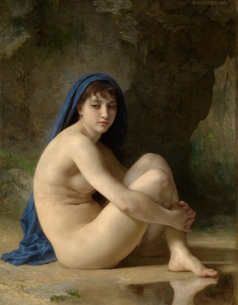 A nude young woman sits with knees drawn to her chest on a stone ledge, her torso turned slightly away; soft light sculpts her creamy flesh and auburn hair, with a rocky backdrop and pale drapery beneath her.