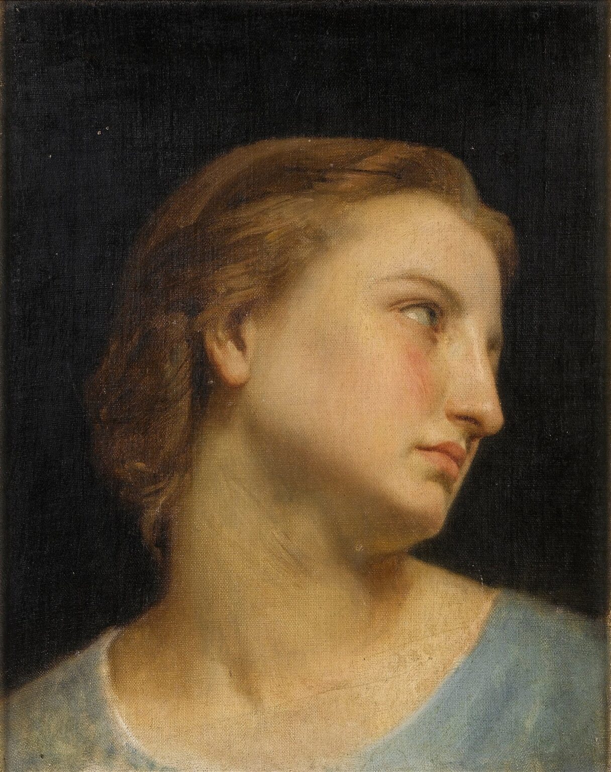 Close-up oil painting of a young woman’s head turned three-quarters to the right against a deep, dark background; her auburn hair is softly tucked behind her ear, and light sculpts the smooth curves of her cheek and neck.