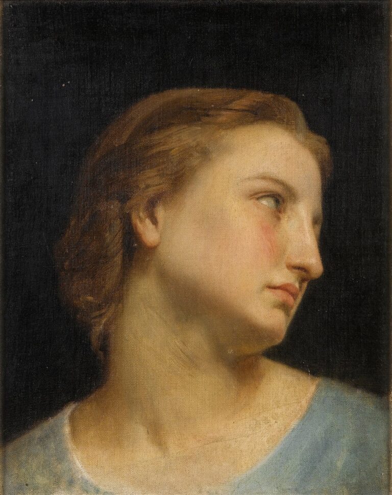 Close-up oil painting of a young woman’s head turned three-quarters to the right against a deep, dark background; her auburn hair is softly tucked behind her ear, and light sculpts the smooth curves of her cheek and neck.