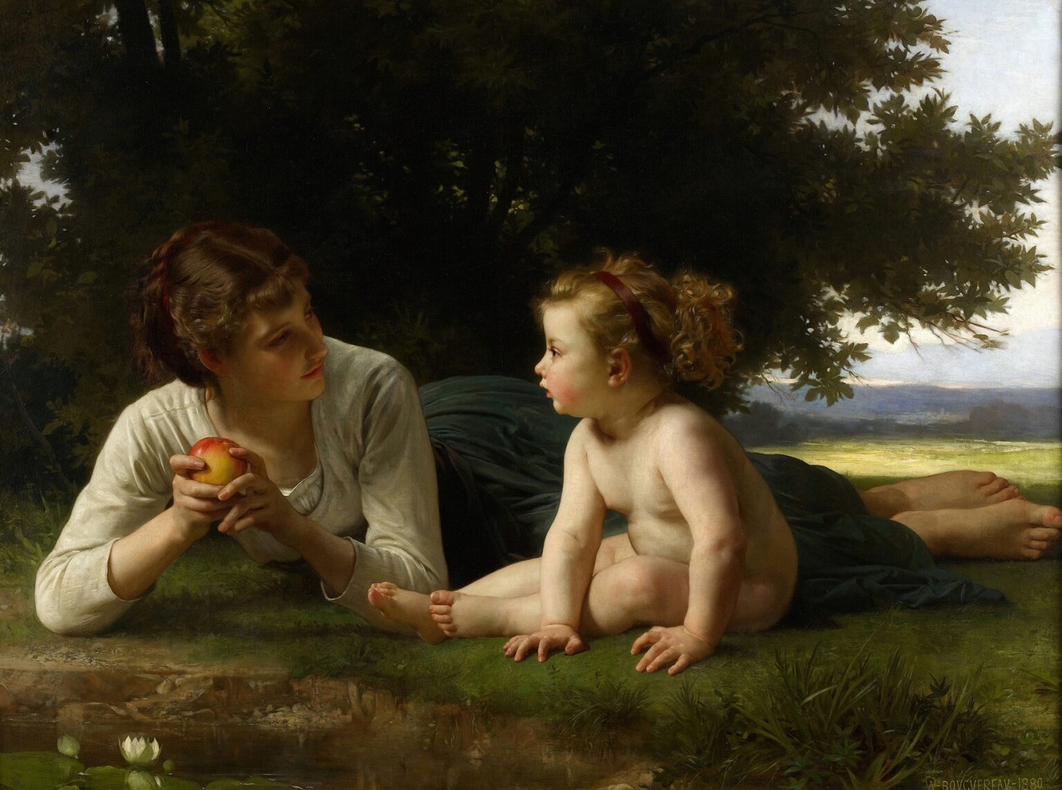 A young peasant woman reclines on the grass beneath a shady tree, holding a red apple in both hands as she gazes with gentle curiosity at her chubby toddler who sits beside a reflective pool with a white water lily floating on its surface.