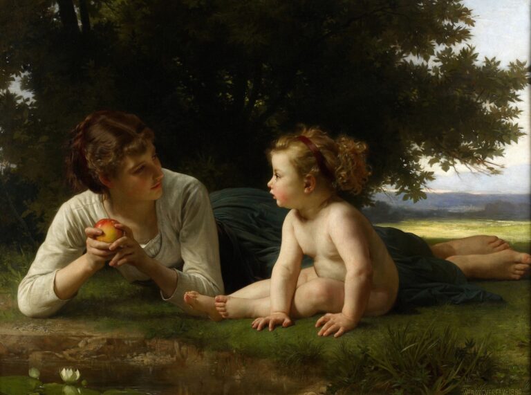 A young peasant woman reclines on the grass beneath a shady tree, holding a red apple in both hands as she gazes with gentle curiosity at her chubby toddler who sits beside a reflective pool with a white water lily floating on its surface.