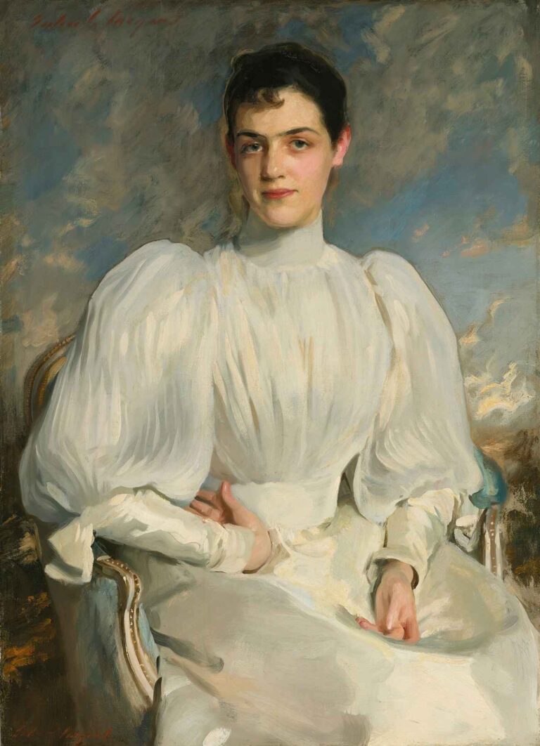A Complete Analysis of “Elsie Wagg” by John Singer Sargent – A seated young woman in a white gown with expansive sleeves gazes forward against a softly painted sky background.