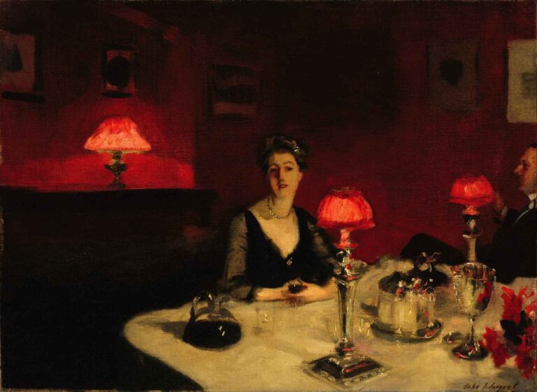 A Complete Analysis of “A Dinner Table at Night” by John Singer Sargent – A dimly lit dining room scene with a white-clothed table set with silver dishes and glassware, illuminated by small red-shaded lamps, and two figures seated against a deep red background.